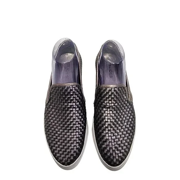 J/Slides S6 Flynn Slip Ons Silver Leather Woven Loafers Women's Size 10 - Picture 3 of 12